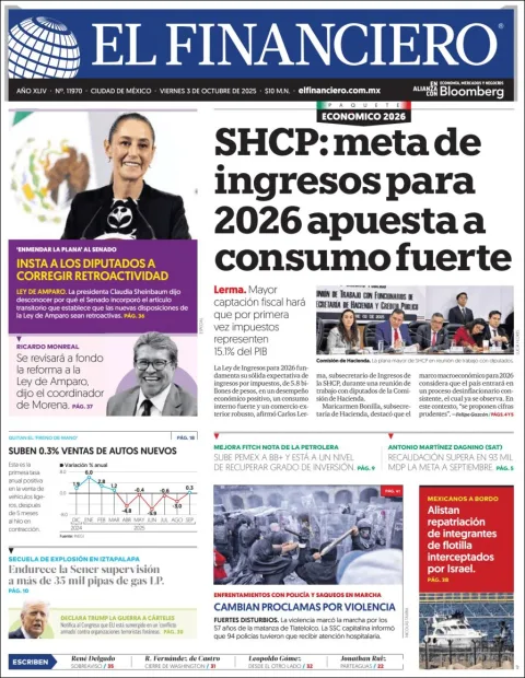 Portada de El Financiero del viernes, 3 de octubre de 2025