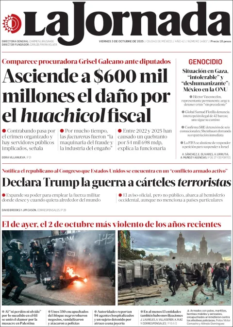Portada de La Jornada del viernes, 3 de octubre de 2025