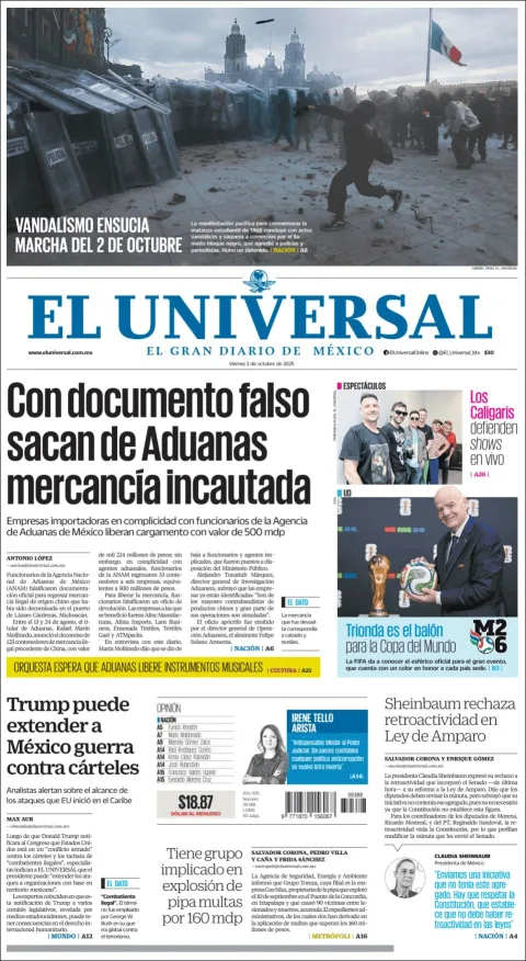 Portada de El Universal del viernes, 3 de octubre de 2025