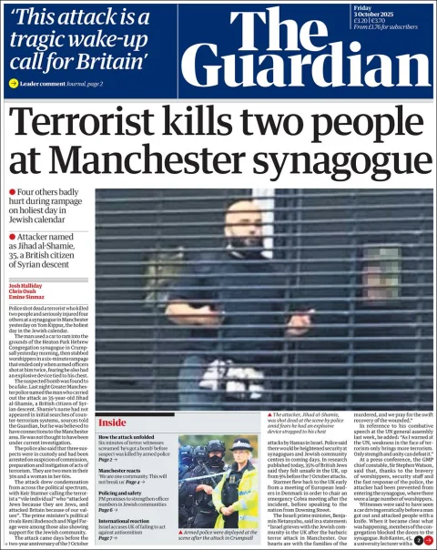 Portada de The Guardian (reino Unido) del viernes, 3 de octubre de 2025