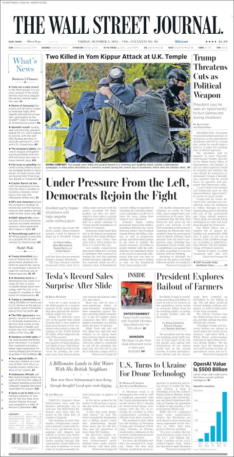 Portada de The Wall Street Journal del viernes, 3 de octubre de 2025