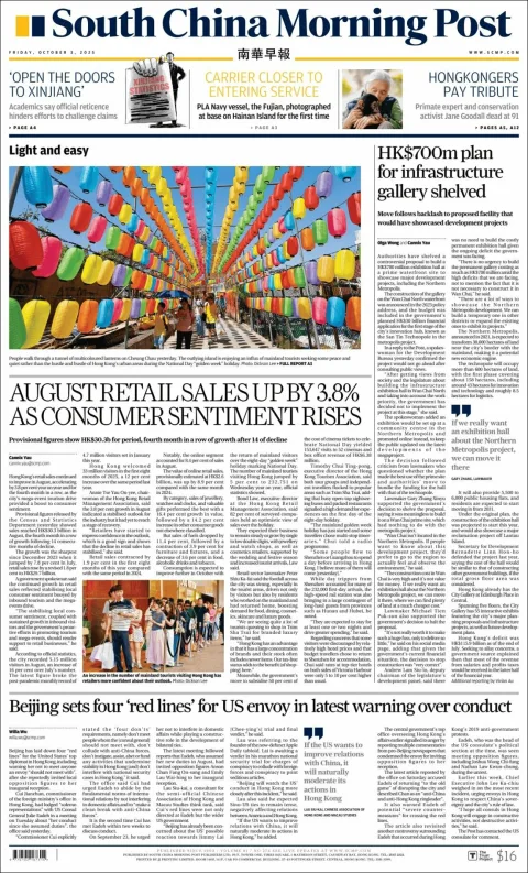 Portada de South China Morning Post del viernes, 3 de octubre de 2025