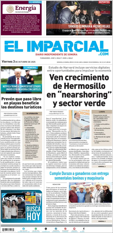 Portada de El Imparcial del viernes, 3 de octubre de 2025