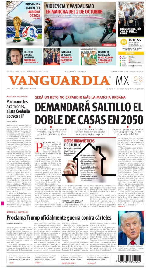 Portada de Vanguardia del viernes, 3 de octubre de 2025