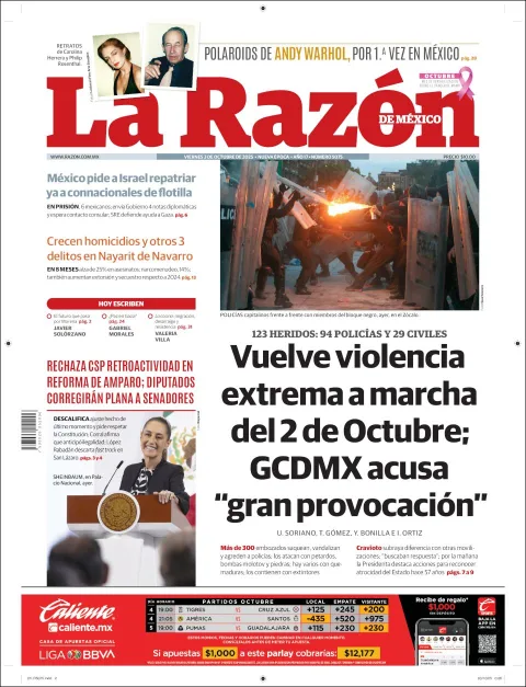 Portada de La Razon del viernes, 3 de octubre de 2025