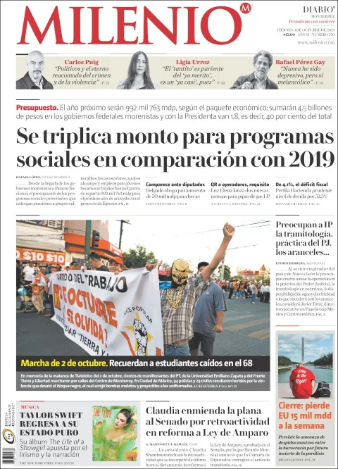 Portada de Milenio del viernes, 3 de octubre de 2025