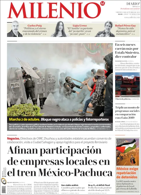 Portada de Milenio Hidalgo del viernes, 3 de octubre de 2025