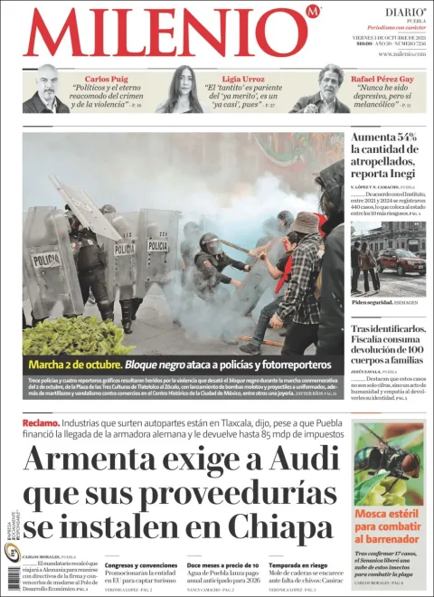 Portada de Milenio Puebla del viernes, 3 de octubre de 2025
