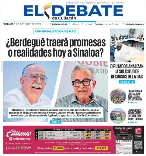 Portada de El Debate de Culiacan del viernes, 3 de octubre de 2025