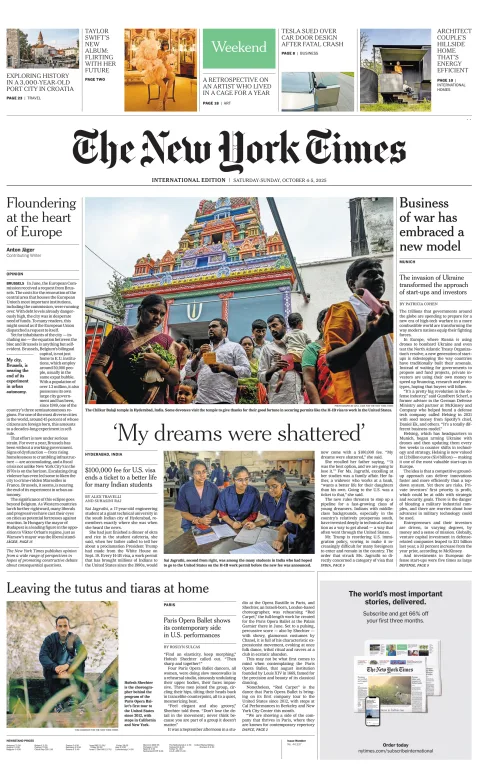 Portada de The New York Times (international) del sábado, 4 de octubre de 2025