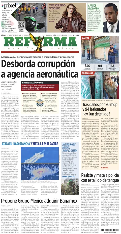 Portada de Reforma del sábado, 4 de octubre de 2025