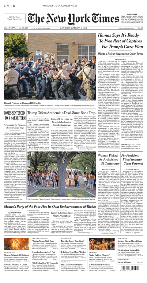 Portada de The New York Times (new York) del sábado, 4 de octubre de 2025