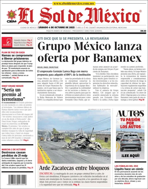 Portada de El Sol de Mexico del sábado, 4 de octubre de 2025