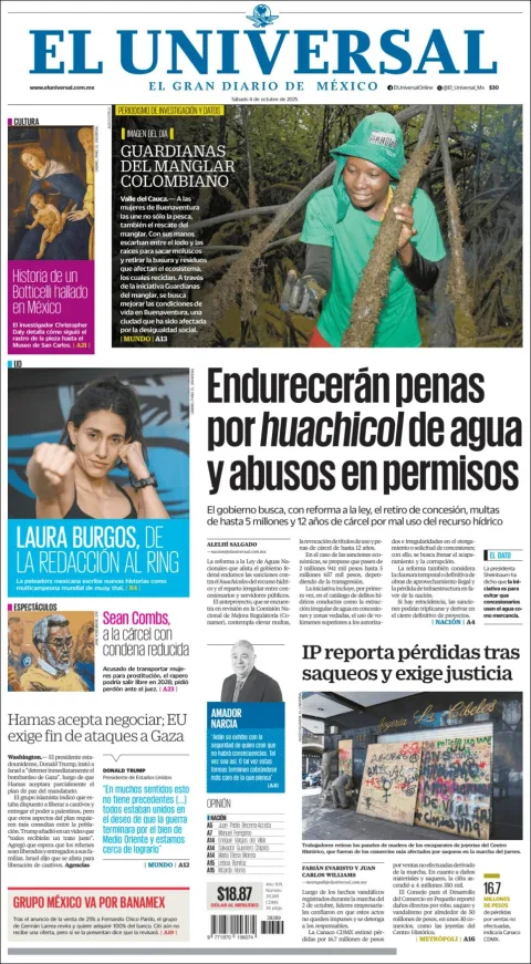 Portada de El Universal del sábado, 4 de octubre de 2025