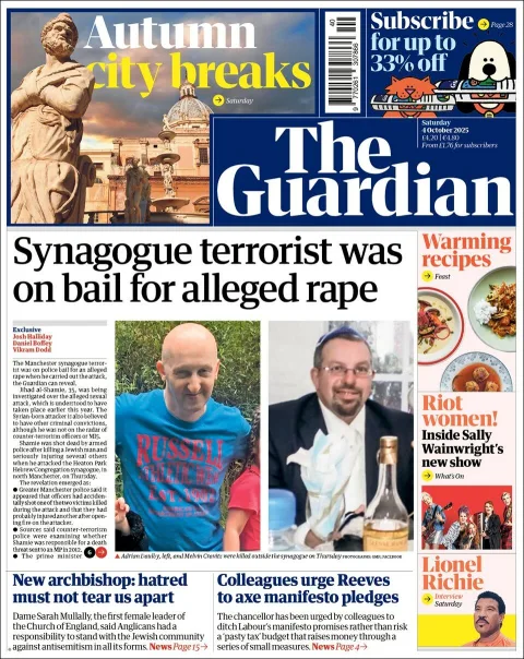 Portada de The Guardian (reino Unido) del sábado, 4 de octubre de 2025