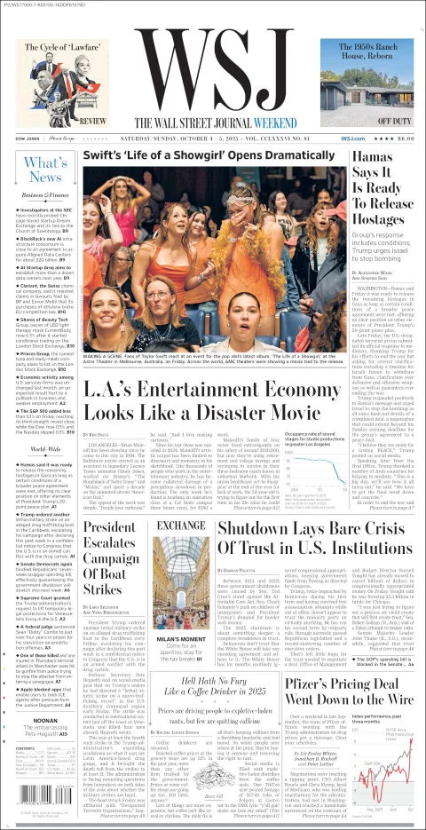 Portada de The Wall Street Journal del sábado, 4 de octubre de 2025