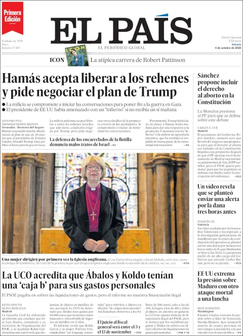 Portada de El Pais del sábado, 4 de octubre de 2025