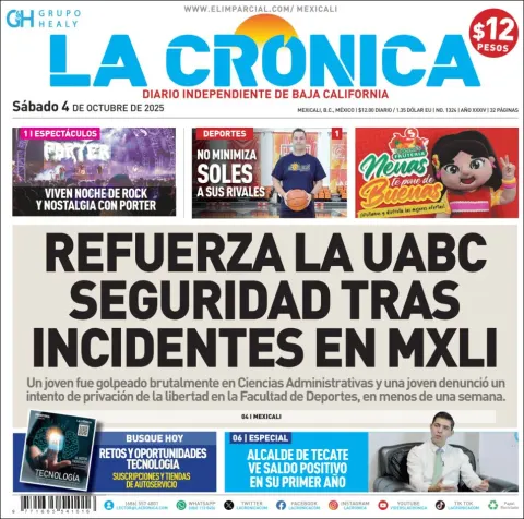 Portada de La Cronica del sábado, 4 de octubre de 2025