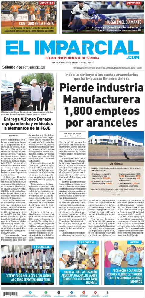 Portada de El Imparcial del sábado, 4 de octubre de 2025