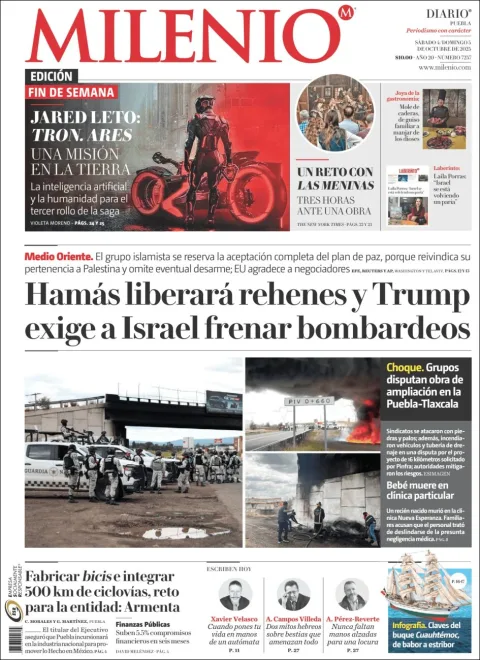 Portada de Milenio Puebla del sábado, 4 de octubre de 2025