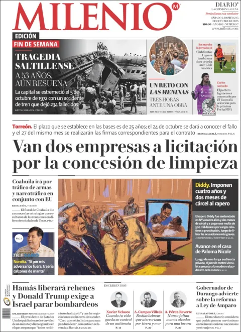 Portada de Milenio Laguna del sábado, 4 de octubre de 2025