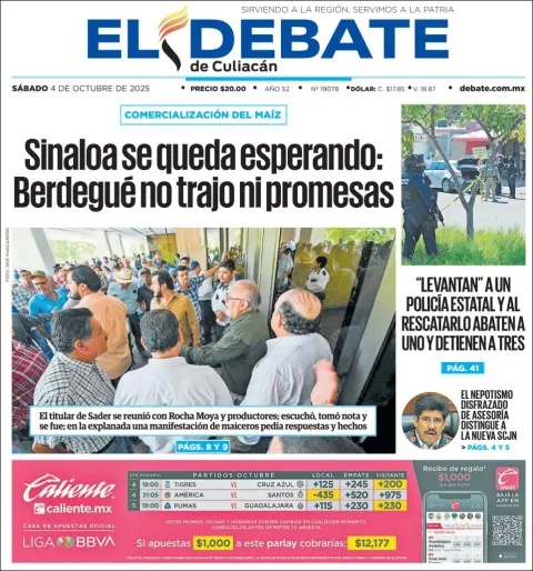 Portada de El Debate de Culiacan del sábado, 4 de octubre de 2025