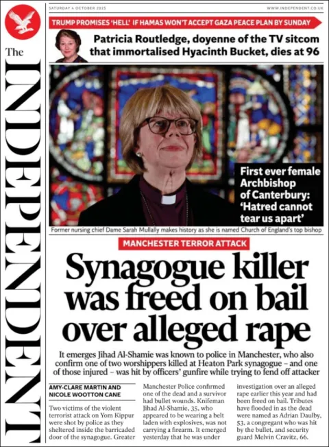 Portada de The Independent del sábado, 4 de octubre de 2025