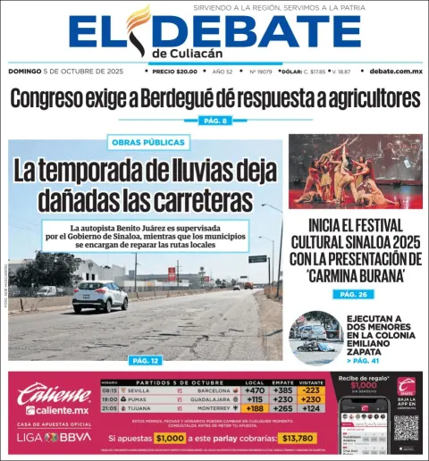 Portada de El Debate de Culiacan del domingo, 5 de octubre de 2025