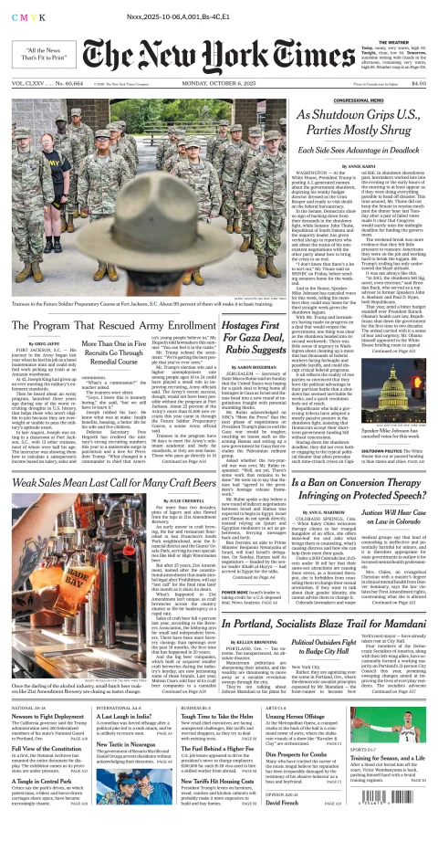 Portada de The New York Times (new York) del lunes, 6 de octubre de 2025