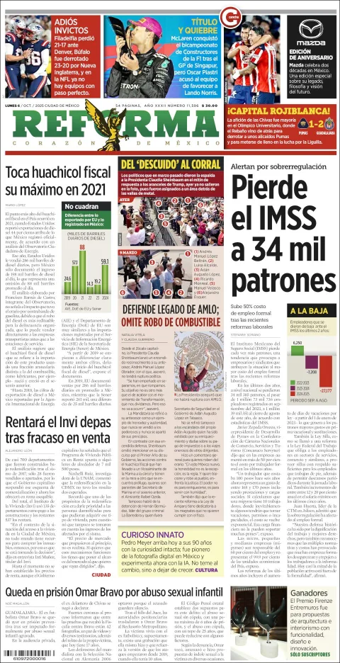 Portada de Reforma del lunes, 6 de octubre de 2025