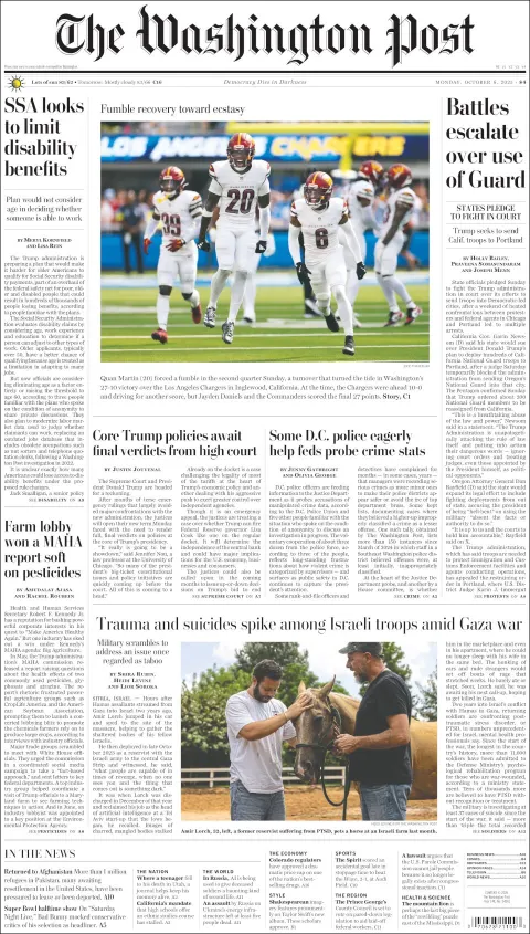 Portada de The Washington Post del lunes, 6 de octubre de 2025