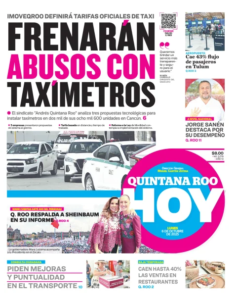 Portada de Quintana Roo Hoy (portada) del lunes, 6 de octubre de 2025