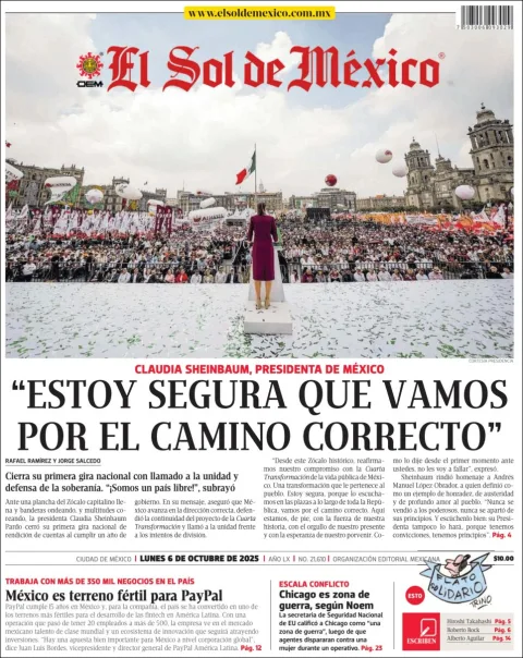 Portada de El Sol de Mexico del lunes, 6 de octubre de 2025