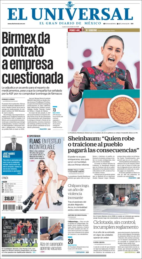 Portada de El Universal del lunes, 6 de octubre de 2025