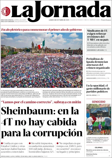 Portada de La Jornada del lunes, 6 de octubre de 2025