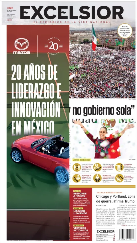 Portada de Excelsior del lunes, 6 de octubre de 2025