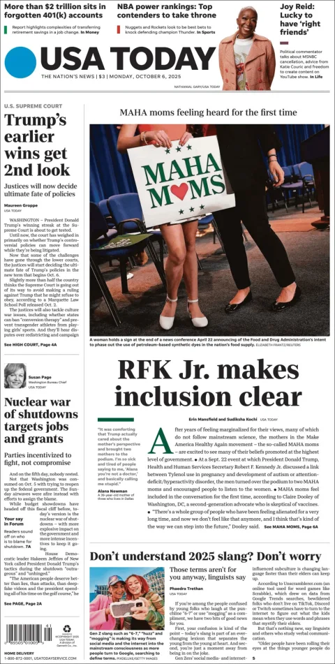 Portada de Usa Today del lunes, 6 de octubre de 2025
