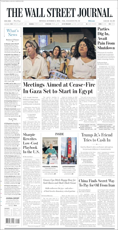 Portada de The Wall Street Journal del lunes, 6 de octubre de 2025
