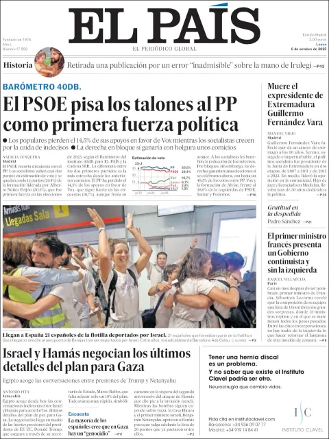 Portada de El Pais del lunes, 6 de octubre de 2025