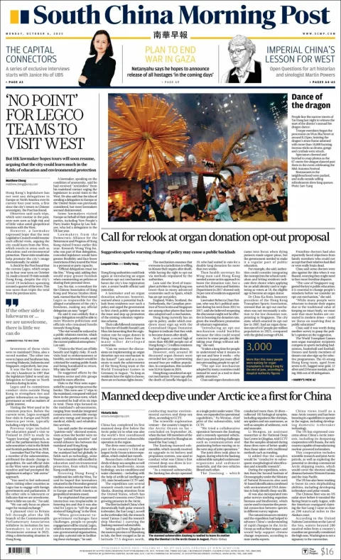 Portada de South China Morning Post del lunes, 6 de octubre de 2025