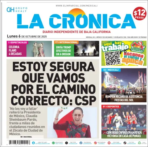 Portada de La Cronica del lunes, 6 de octubre de 2025