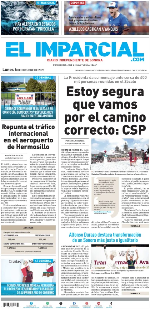 Portada de El Imparcial del lunes, 6 de octubre de 2025