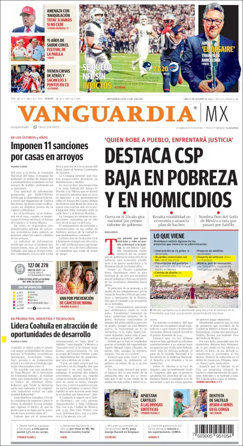 Portada de Vanguardia del lunes, 6 de octubre de 2025