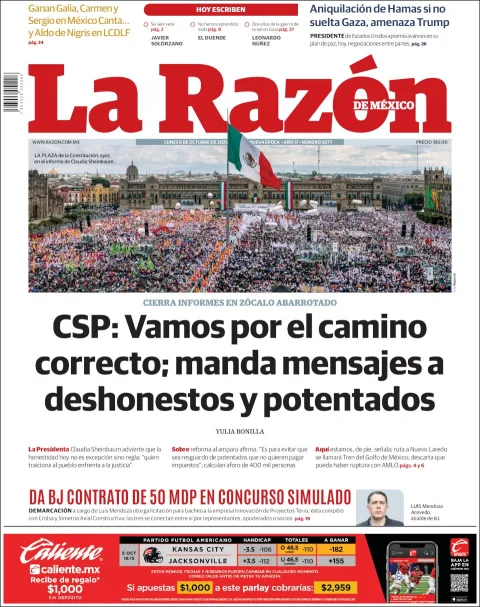 Portada de La Razon del lunes, 6 de octubre de 2025