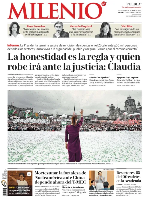 Portada de Milenio Puebla del lunes, 6 de octubre de 2025
