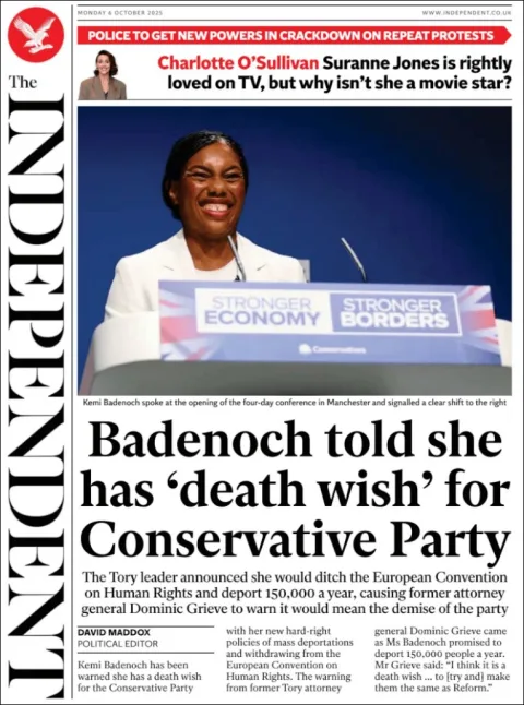 Portada de The Independent del lunes, 6 de octubre de 2025