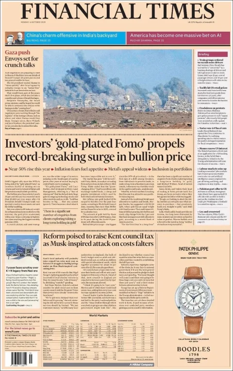 Portada de Financial Times del lunes, 6 de octubre de 2025