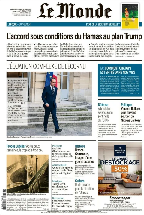 Portada de Le Monde del lunes, 6 de octubre de 2025