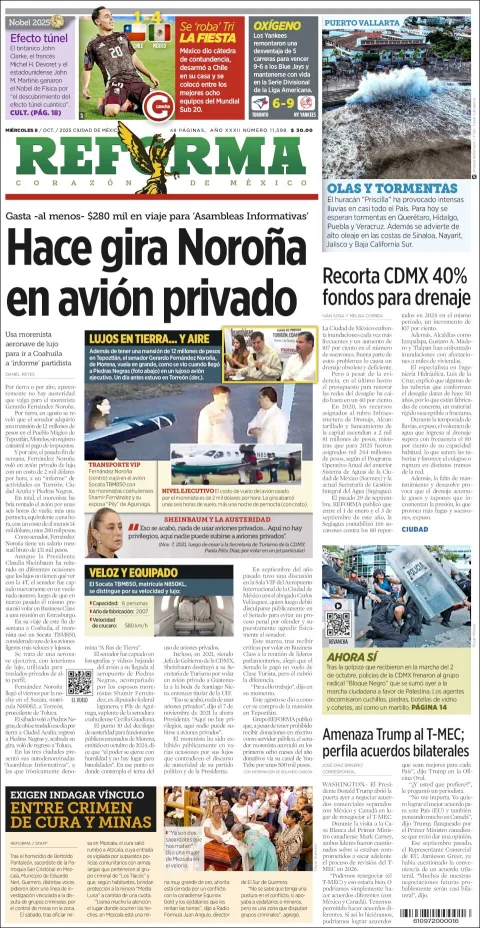 Portada de Reforma del miércoles, 8 de octubre de 2025
