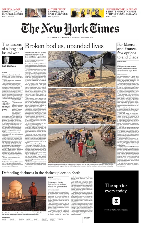 Portada de The New York Times (international) del miércoles, 8 de octubre de 2025
